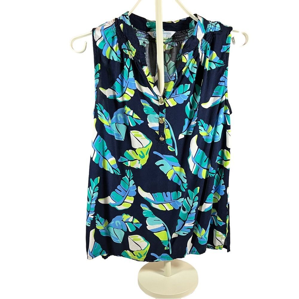Escapada Living Navy Green White Palm Leaf Sleeveless Top Size small tropical